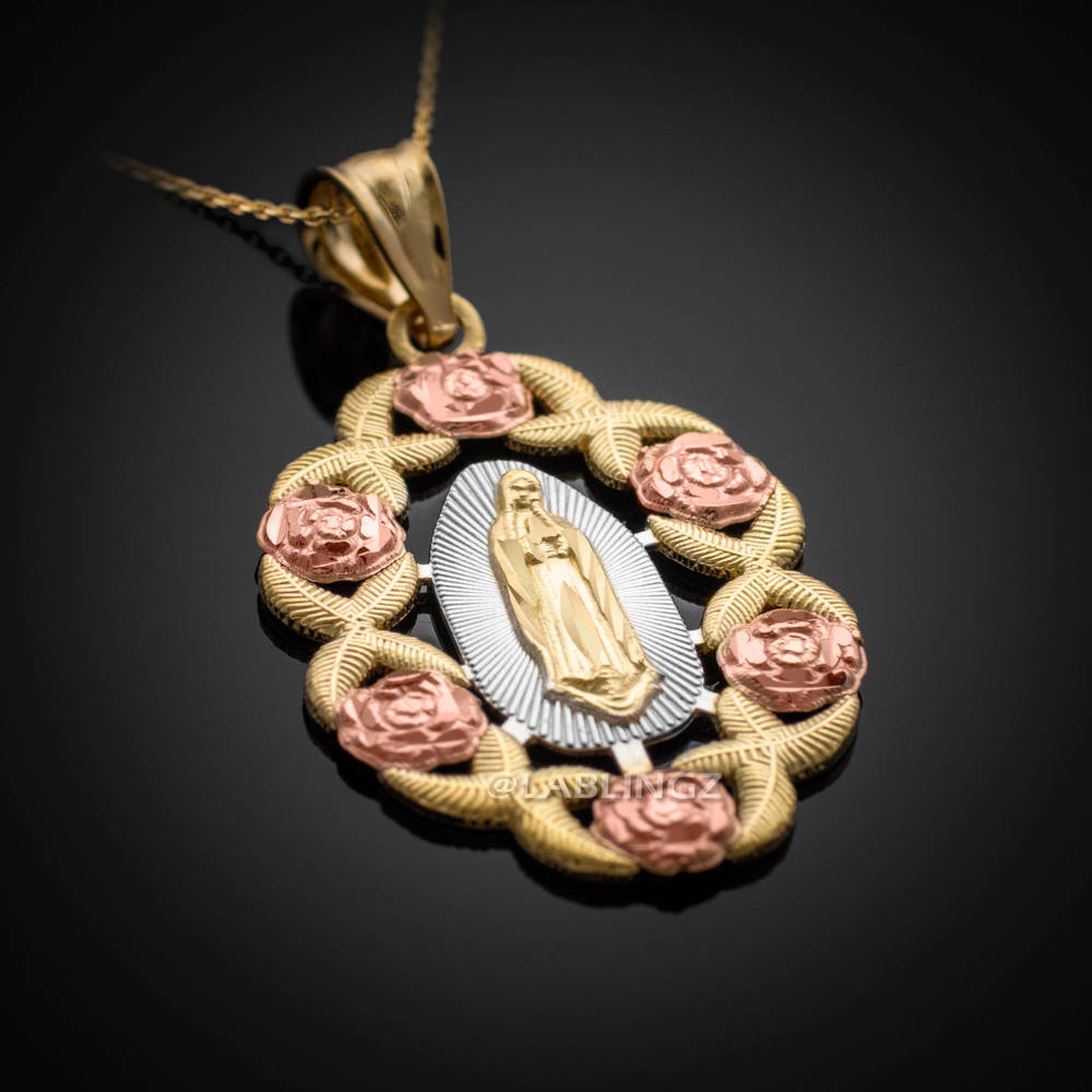 Our Lady Guadalupe Gold Pendant Necklace (multi-tone gold, white gold, 10k, 14k) Karma Blingz