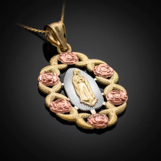 Our Lady Guadalupe Gold Pendant Necklace (multi-tone gold, white gold, 10k, 14k) Karma Blingz