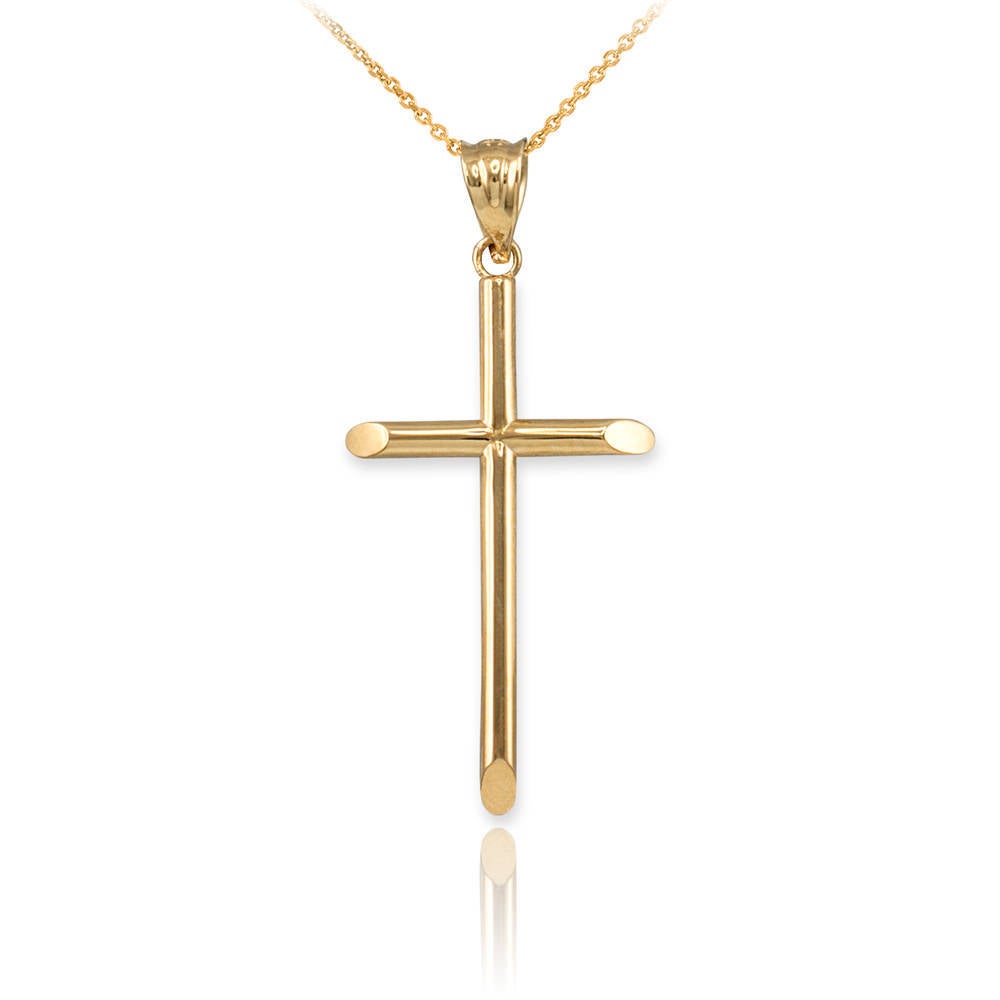 14K Yellow Gold Plain Tube Cross Charm Necklace (3 sizes: S/M/L) Karma Blingz