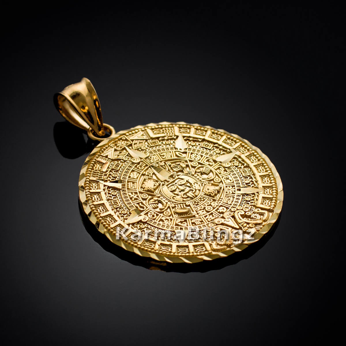 10K Gold Aztec Mayan Sun Calendar Pendant (3 sizes, yellow, white, rose gold) Karma Blingz