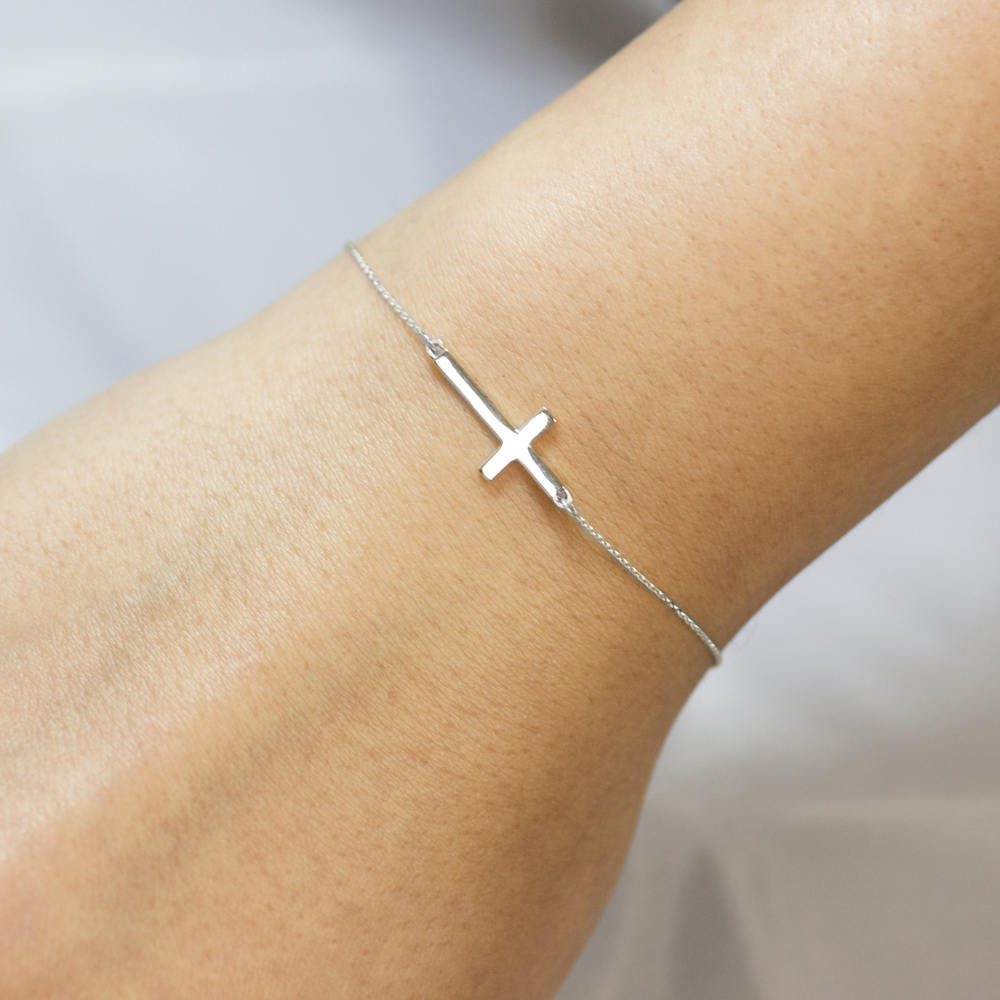 14K Solid Gold Sideways Cross Bracelet (yellow, white, rose gold) Karma Blingz