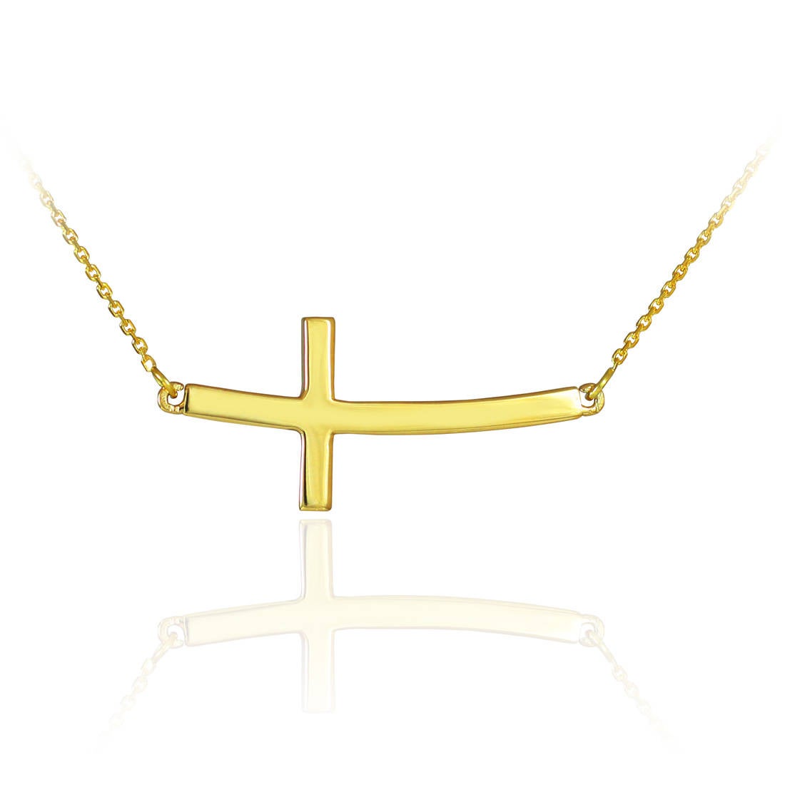 14K Solid Gold Sideways Curved Cross Necklace (yellow, white, rose gold) Karma Blingz