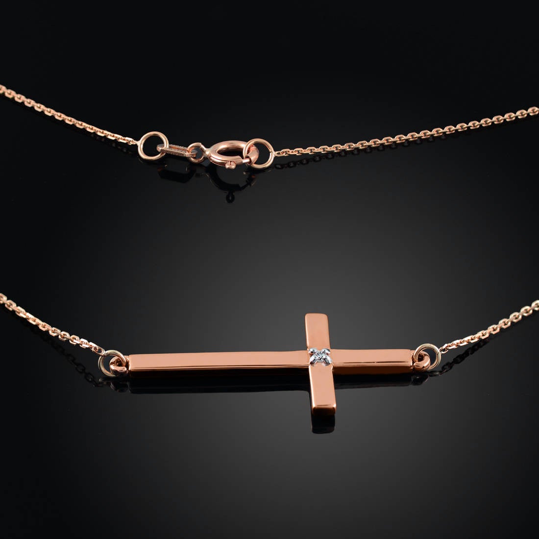 14K Solid Gold Diamond Sideways Cross Necklace (yellow, white, rose gold) Karma Blingz