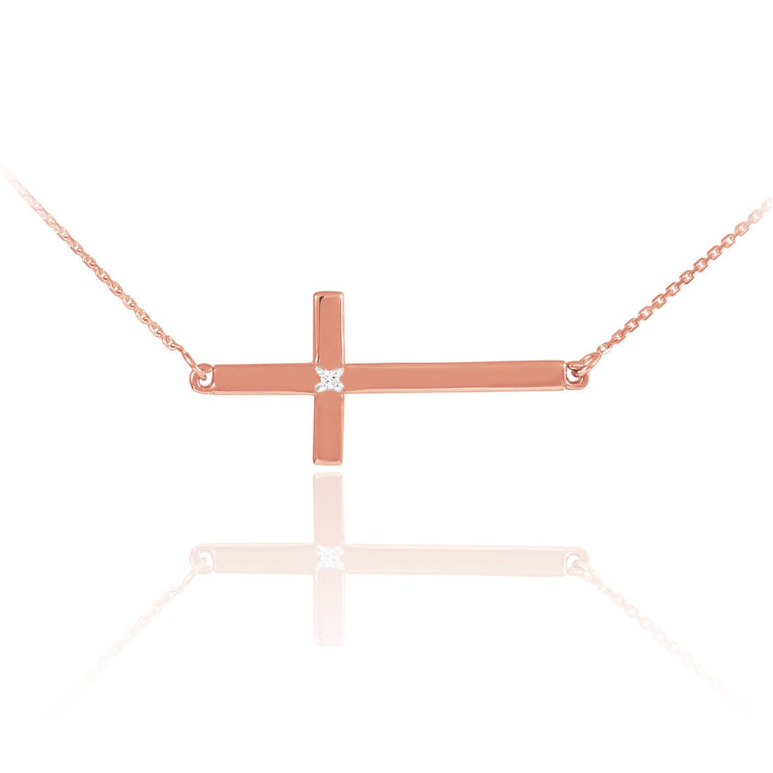 14K Solid Gold Diamond Sideways Cross Necklace (yellow, white, rose gold) Karma Blingz