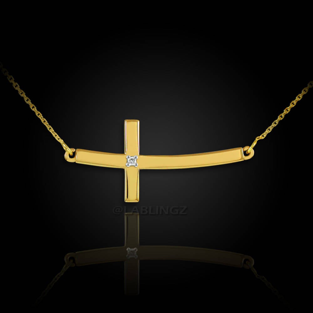 14K Solid Gold Sideways Diamond Curved Cross Necklace (yellow, white, rose gold) Karma Blingz
