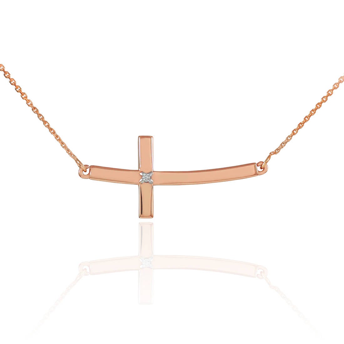 14K Solid Gold Sideways Diamond Curved Cross Necklace (yellow, white, rose gold) Karma Blingz