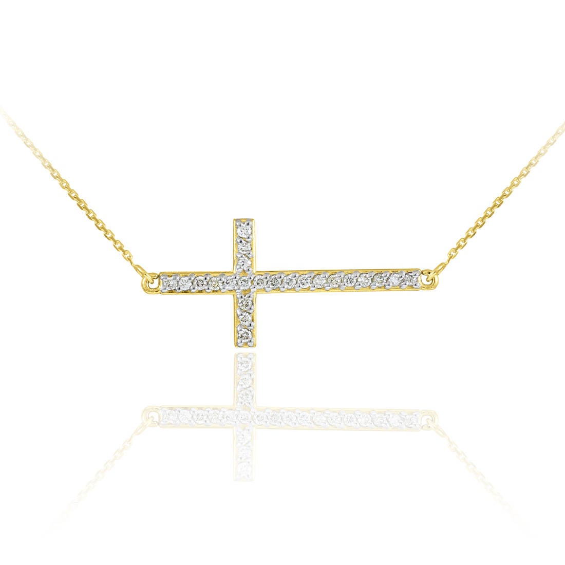 14K Gold Sideways Cross Diamond Necklace (yellow, white, rose gold) Karma Blingz