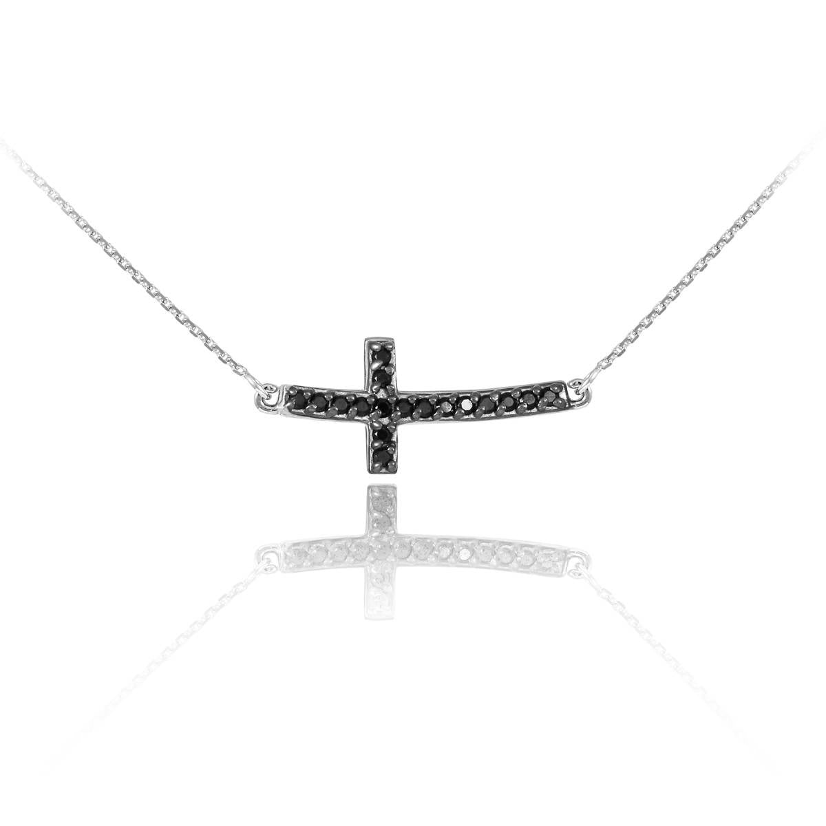 14K Gold Curved Mini Sideways Cross Black Diamond Necklace (yellow, white, rose gold) Karma Blingz