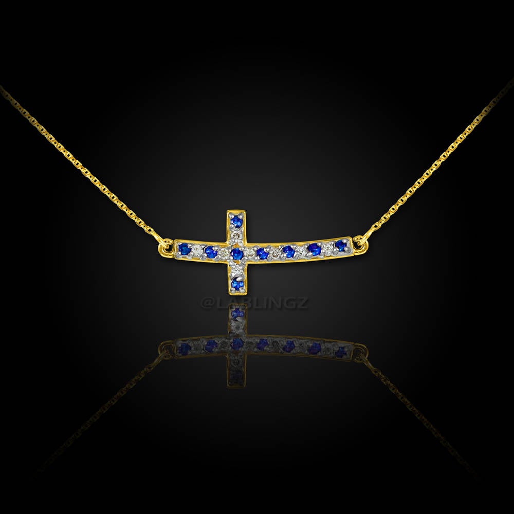 14K Gold Diamond and Sapphire Curved Mini Sideways Cross Necklace (yellow, white, rose gold) Karma Blingz