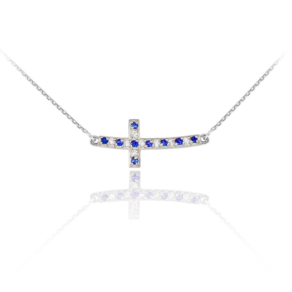 14K Gold Diamond and Sapphire Curved Mini Sideways Cross Necklace (yellow, white, rose gold) Karma Blingz