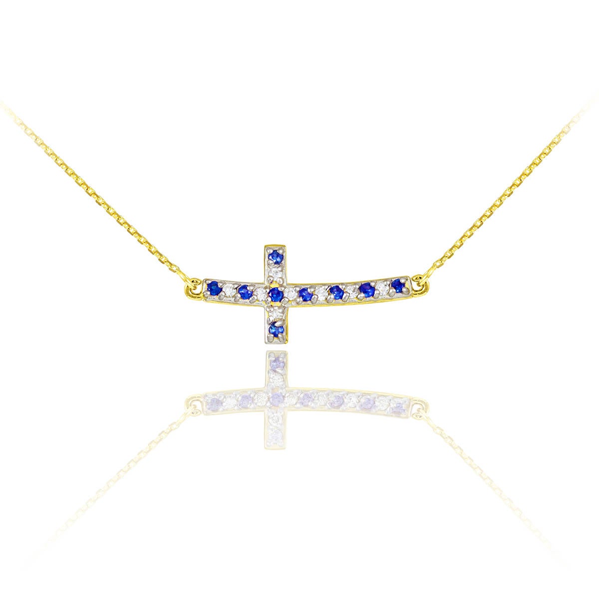 14K Gold Diamond and Sapphire Curved Mini Sideways Cross Necklace (yellow, white, rose gold) Karma Blingz