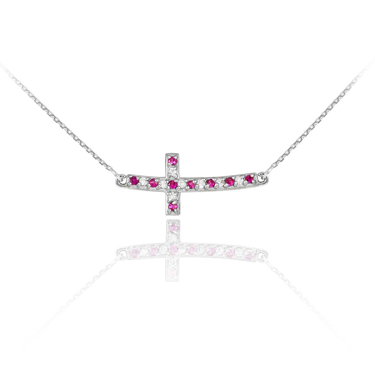 14K Gold Diamond and Ruby Curved Mini Sideways Cross Necklace (yellow, white, rose gold) Karma Blingz