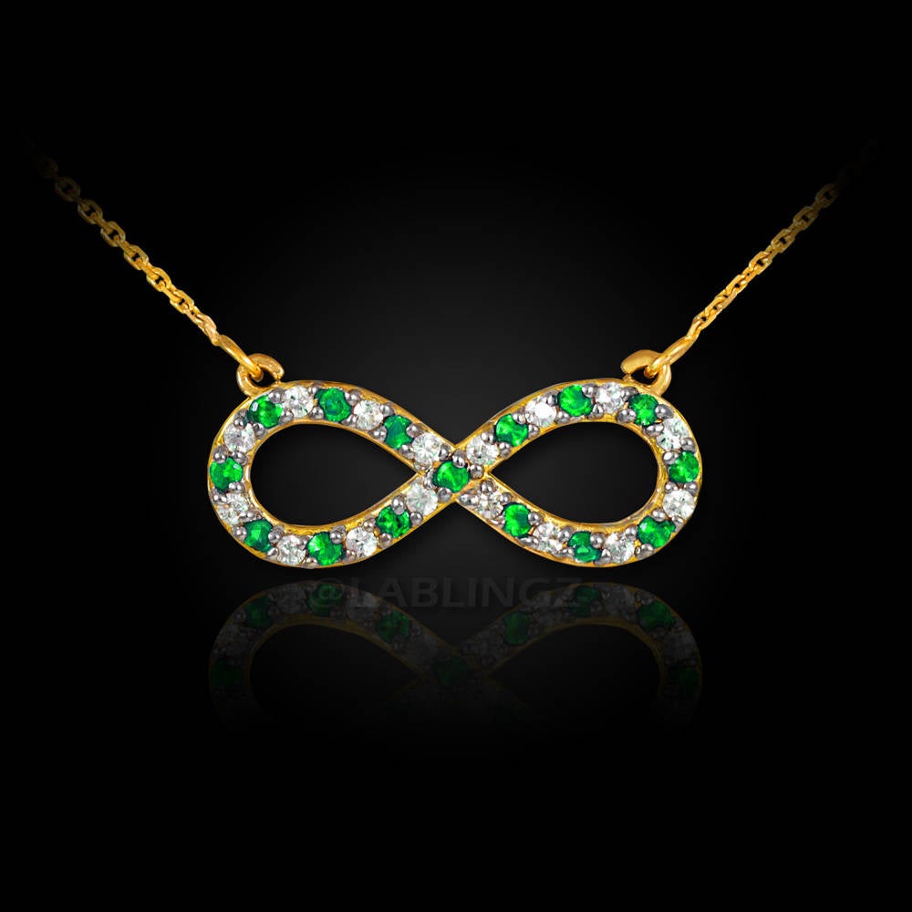 14K Gold Diamond and Emerald Infinity Necklace (yellow, white, rose gold) Karma Blingz