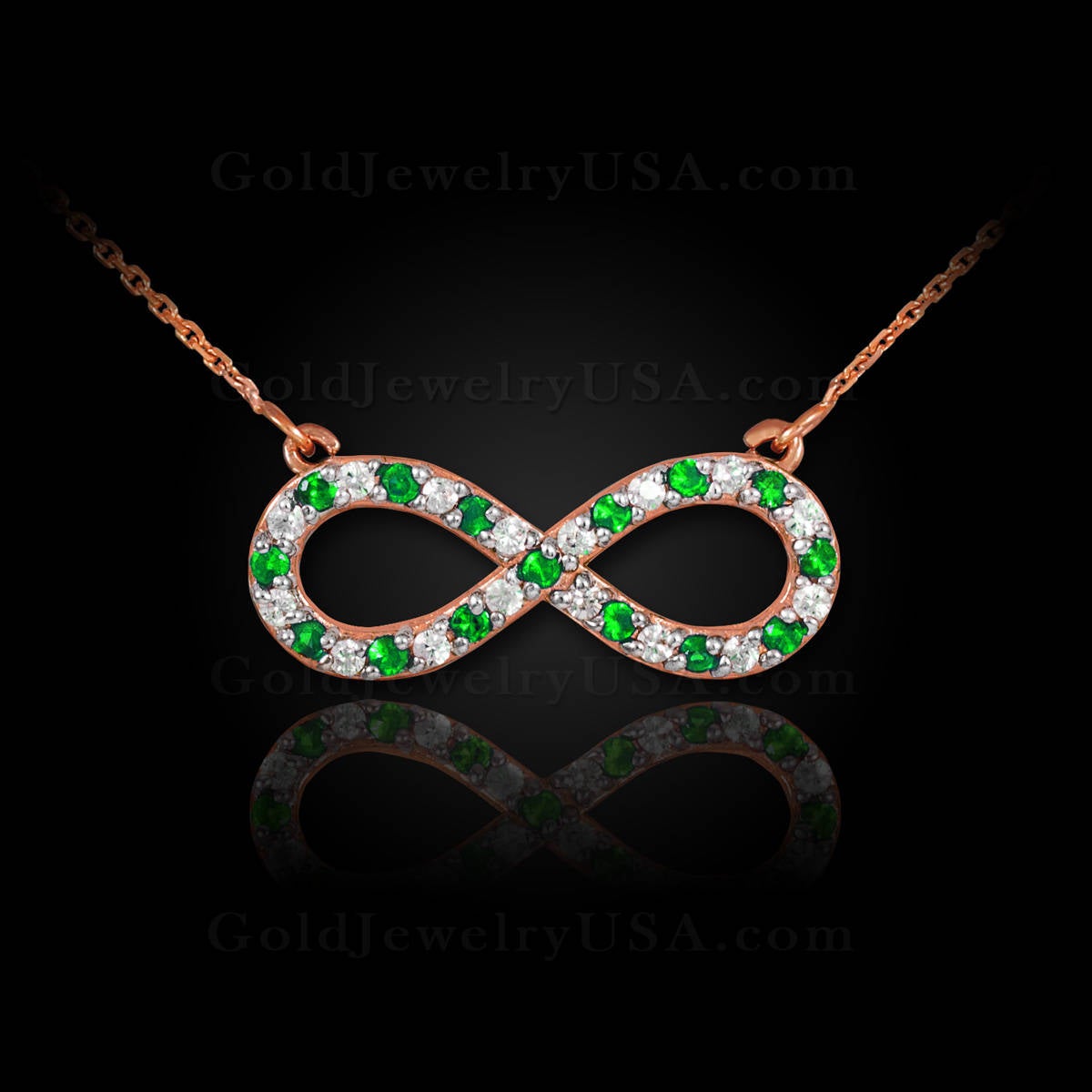 14K Gold Diamond and Emerald Infinity Necklace (yellow, white, rose gold) Karma Blingz
