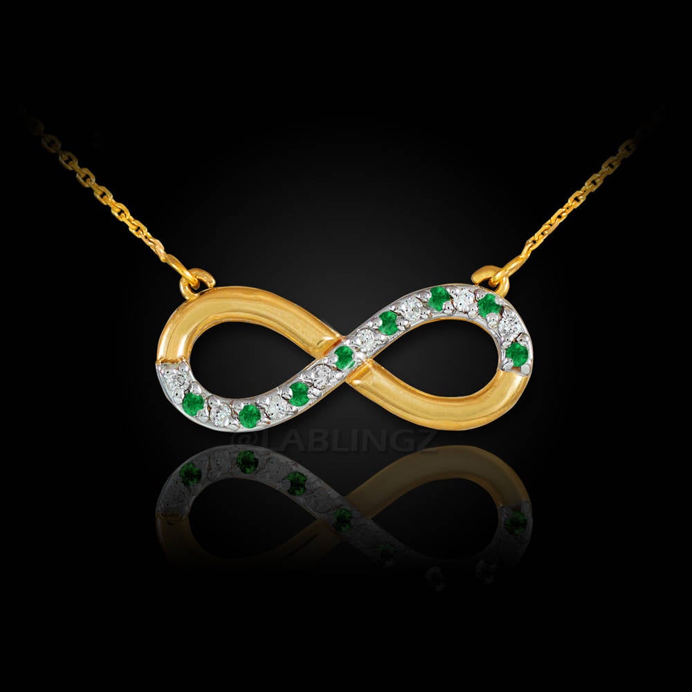 14K Polished Gold Emerald and Diamond Infinity Necklace (yellow, white, rose gold) Karma Blingz