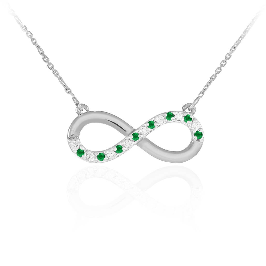 14K Polished Gold Emerald and Diamond Infinity Necklace (yellow, white, rose gold) Karma Blingz