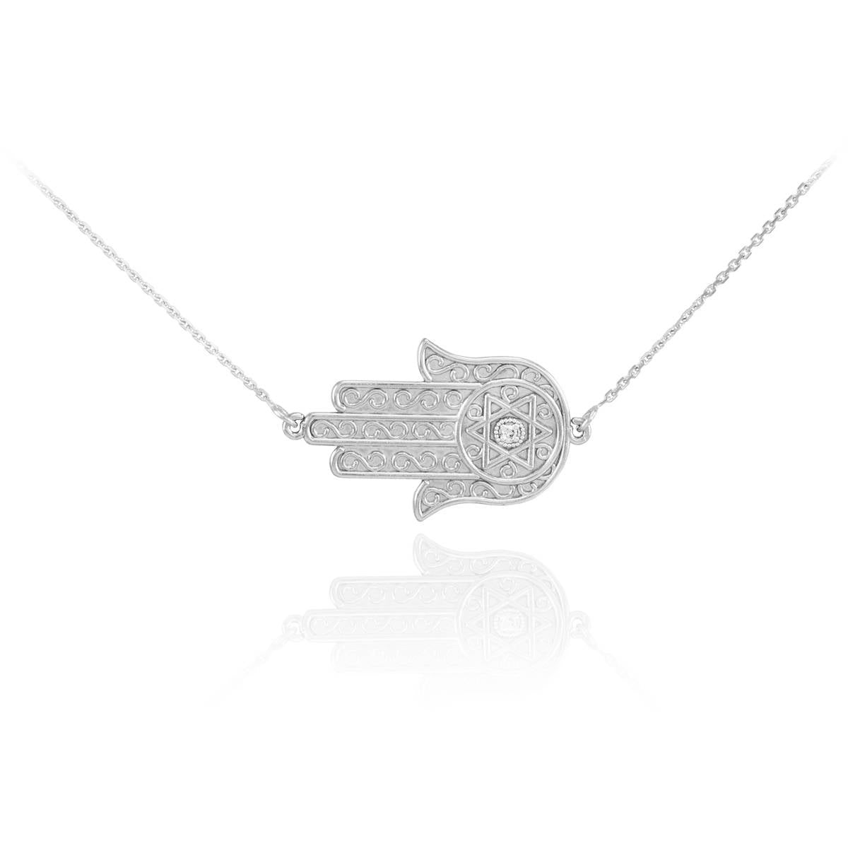 14K Gold Sideways Hamsa Star of David Diamond Necklace (yellow, white, rose gold) Karma Blingz