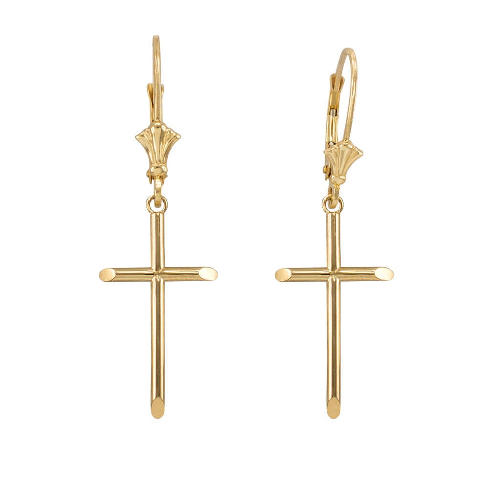 14K Solid Gold Tube Cross Earrings (yellow, white, rose gold) Karma Blingz