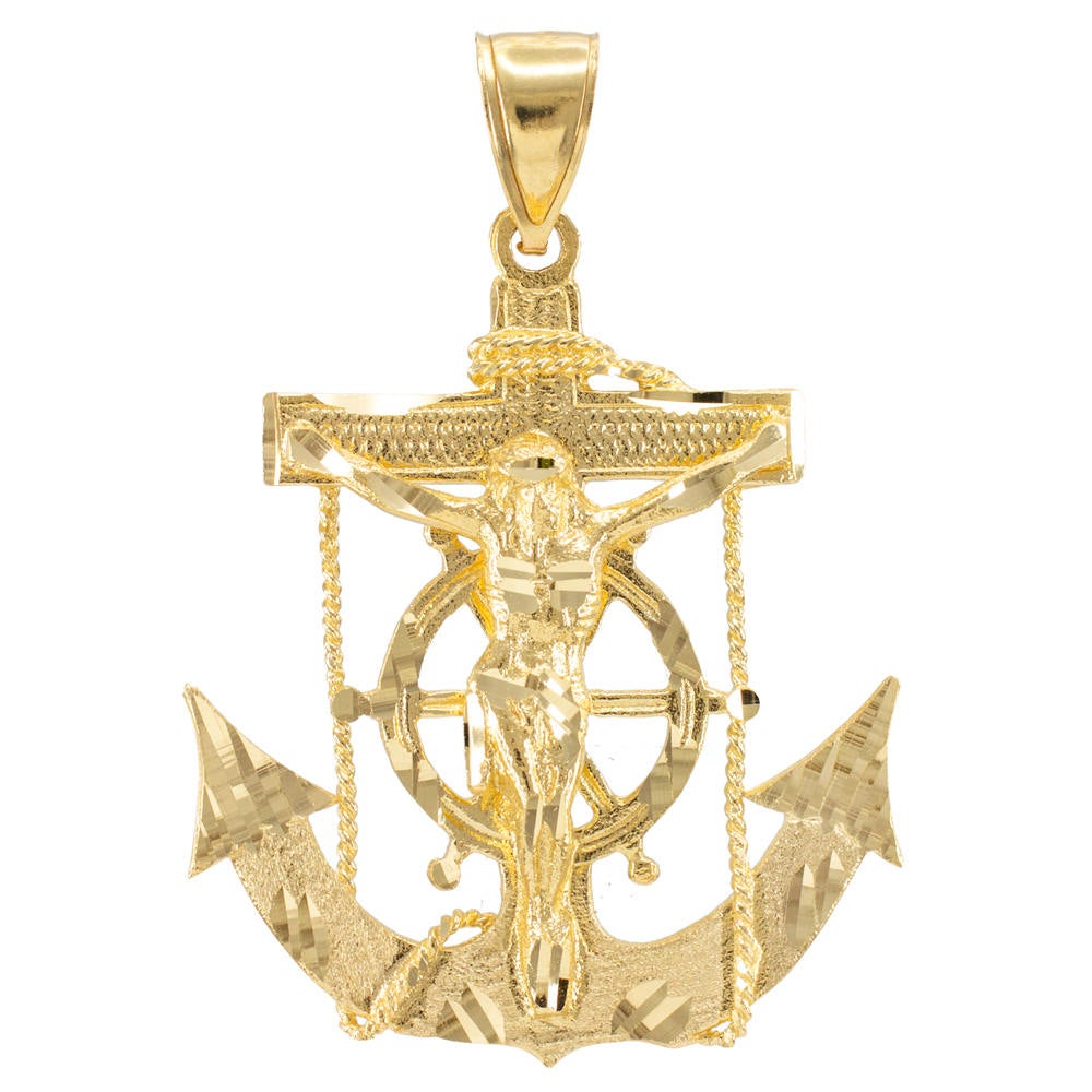 Solid Gold Mariner Anchor Mens Large Crucifix Cross Pendant (yellow, white, rose gold, 10k, 14k) Karma Blingz
