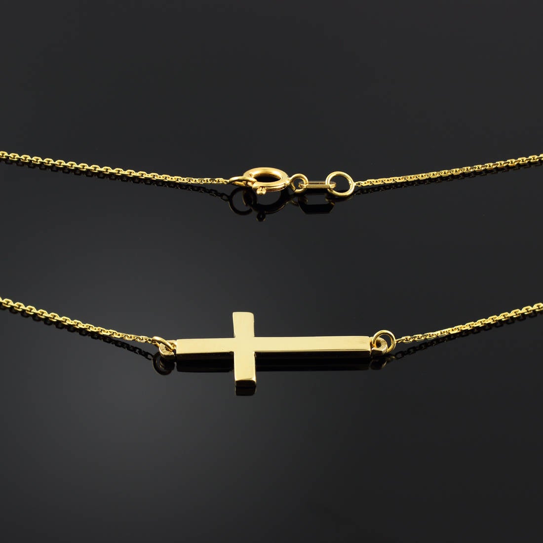 14K Gold Sideways Cross Necklace (yellow, white, rose gold) Karma Blingz