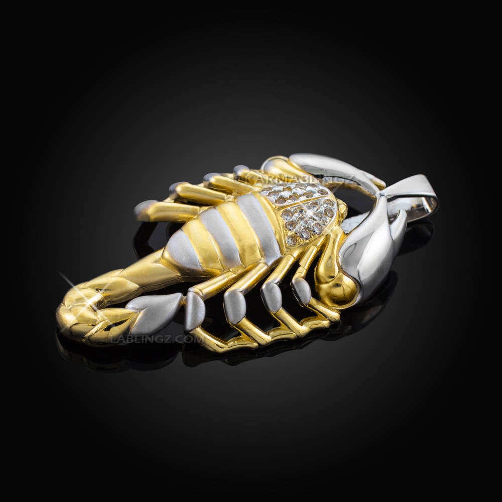 Gold Scorpion CZ Pave Mens Large Pendant (2-tone, white, 10k, 14k) Karma Blingz