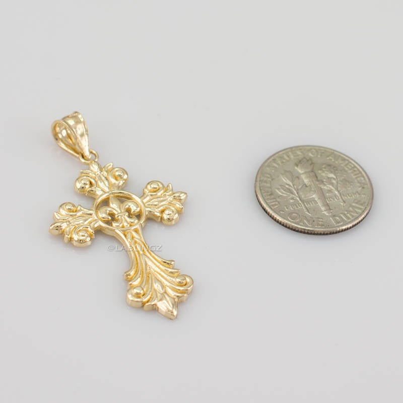 Gold Fleur de Lis Cross Pendant Necklace (yellow, white, rose gold, 10k, 14k) Karma Blingz