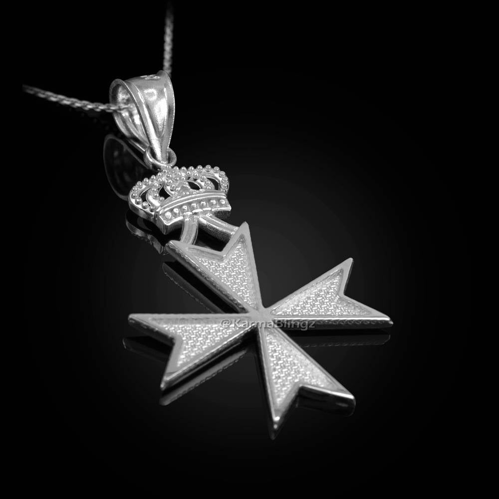 Sterling Silver Maltese Cross Imperial Crown Pendant Necklace Karma Blingz