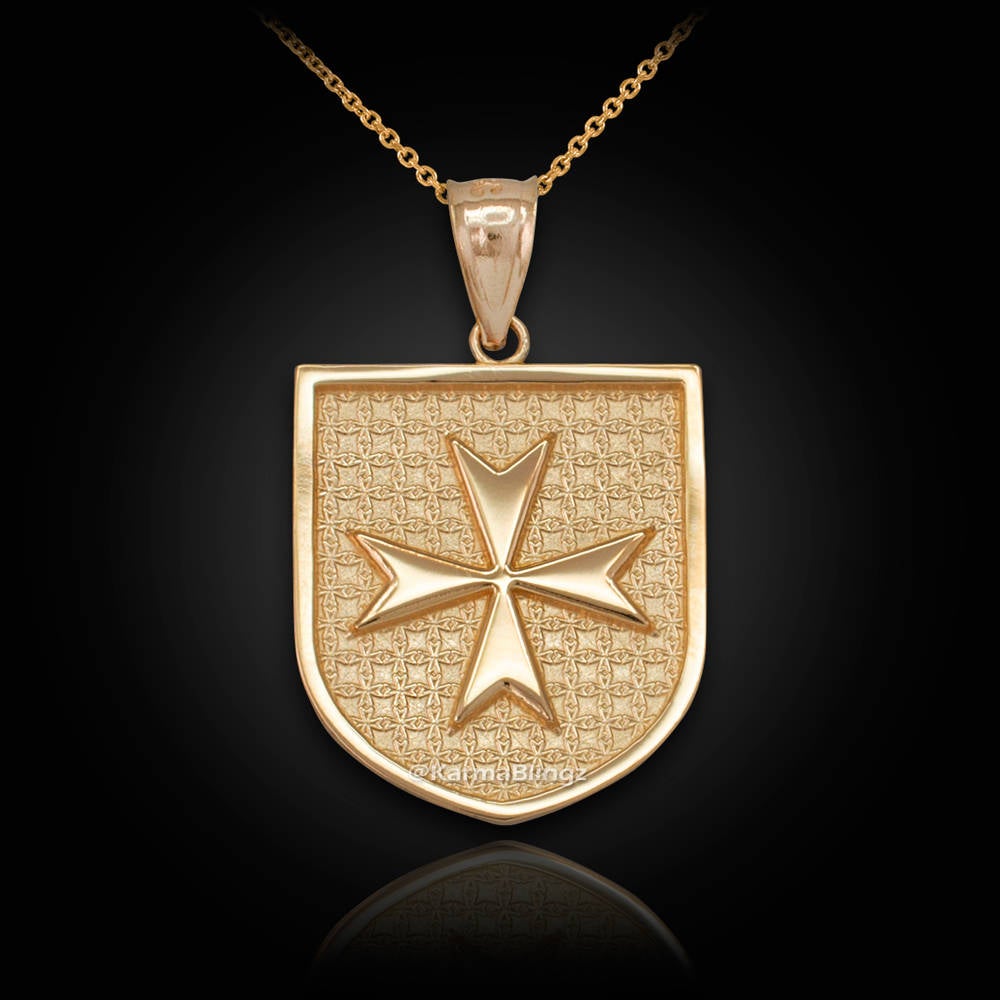Solid Gold Knights Templar Maltese Cross Badge Pendant Necklace (yellow, white, rose gold) Karma Blingz