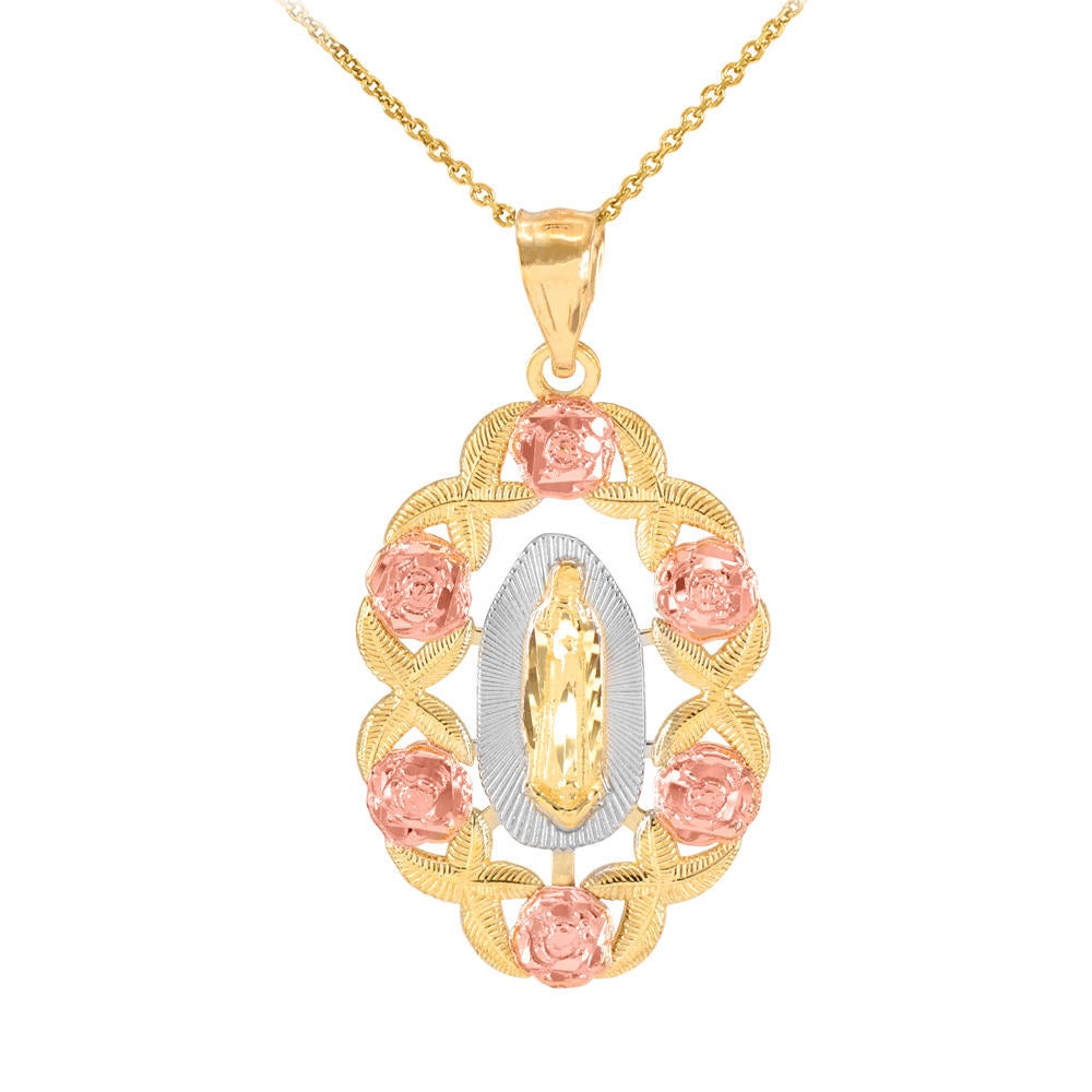 Our Lady Guadalupe Gold Pendant Necklace (multi-tone gold, white gold, 10k, 14k) Karma Blingz