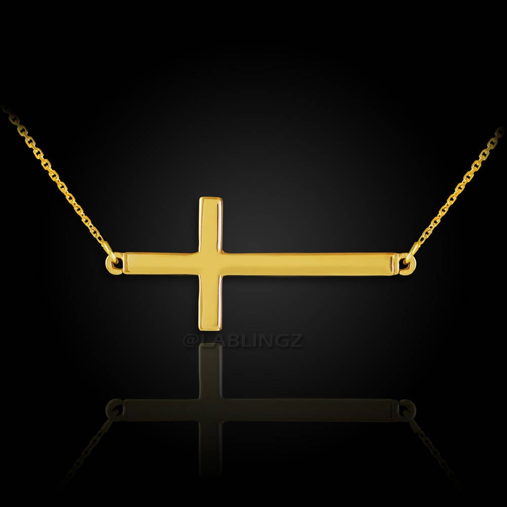 14K Solid Gold Sideways Cross Necklace (yellow, white, rose gold) Karma Blingz