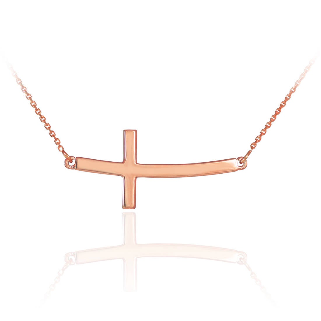 14K Solid Gold Sideways Curved Cross Necklace (yellow, white, rose gold) Karma Blingz