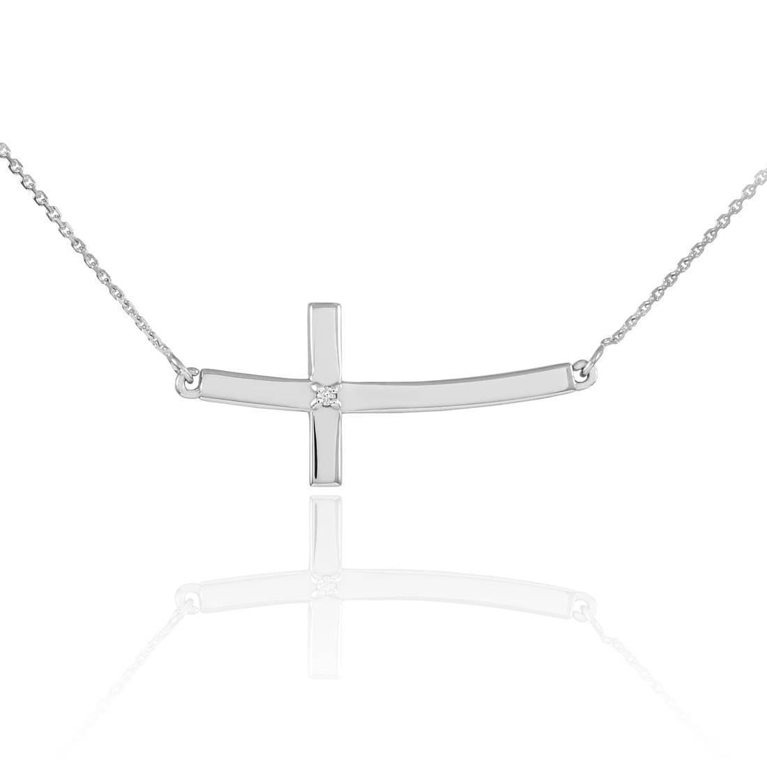14K Solid Gold Sideways Diamond Curved Cross Necklace (yellow, white, rose gold) Karma Blingz