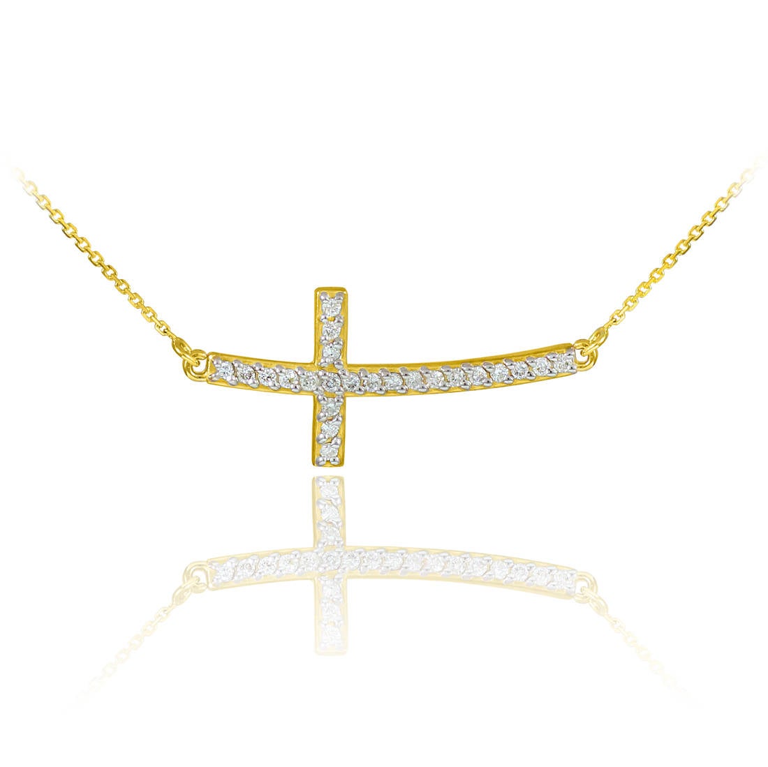 14K Gold Curved Sideways Cross Diamond Necklace (yellow, white, rose gold) Karma Blingz
