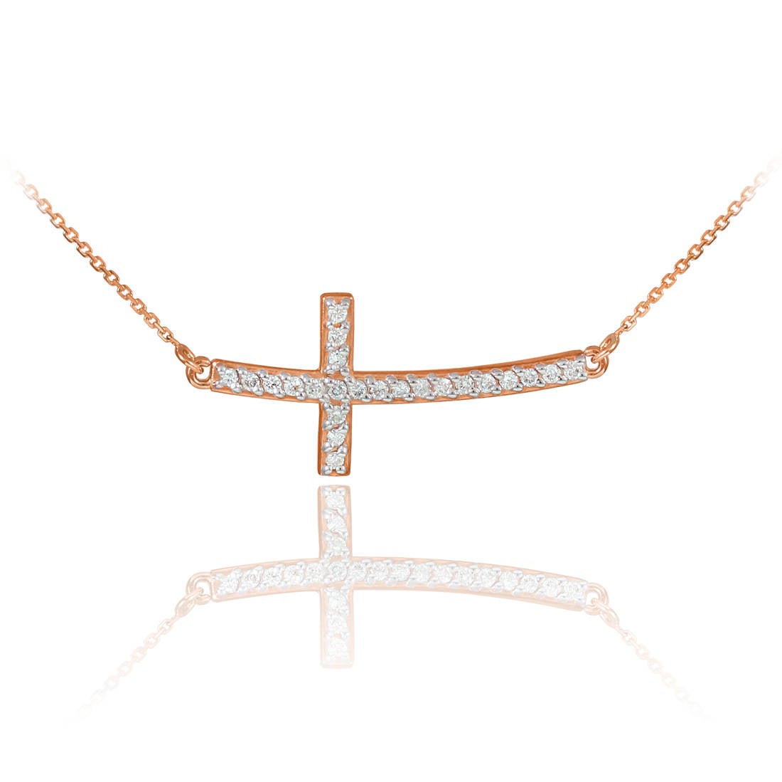 14K Gold Curved Sideways Cross Diamond Necklace (yellow, white, rose gold) Karma Blingz