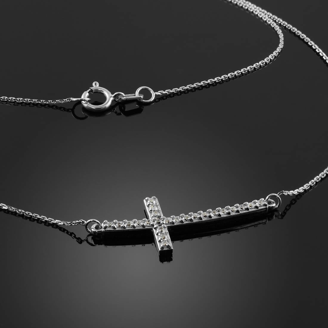 14K Gold Curved Sideways Cross Diamond Necklace (yellow, white, rose gold) Karma Blingz