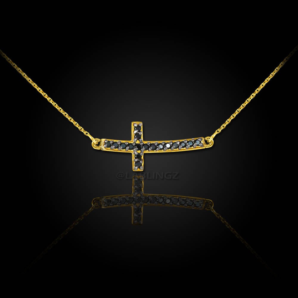 14K Gold Curved Mini Sideways Cross Black Diamond Necklace (yellow, white, rose gold) Karma Blingz