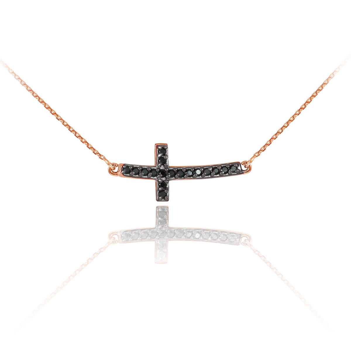 14K Gold Curved Mini Sideways Cross Black Diamond Necklace (yellow, white, rose gold) Karma Blingz