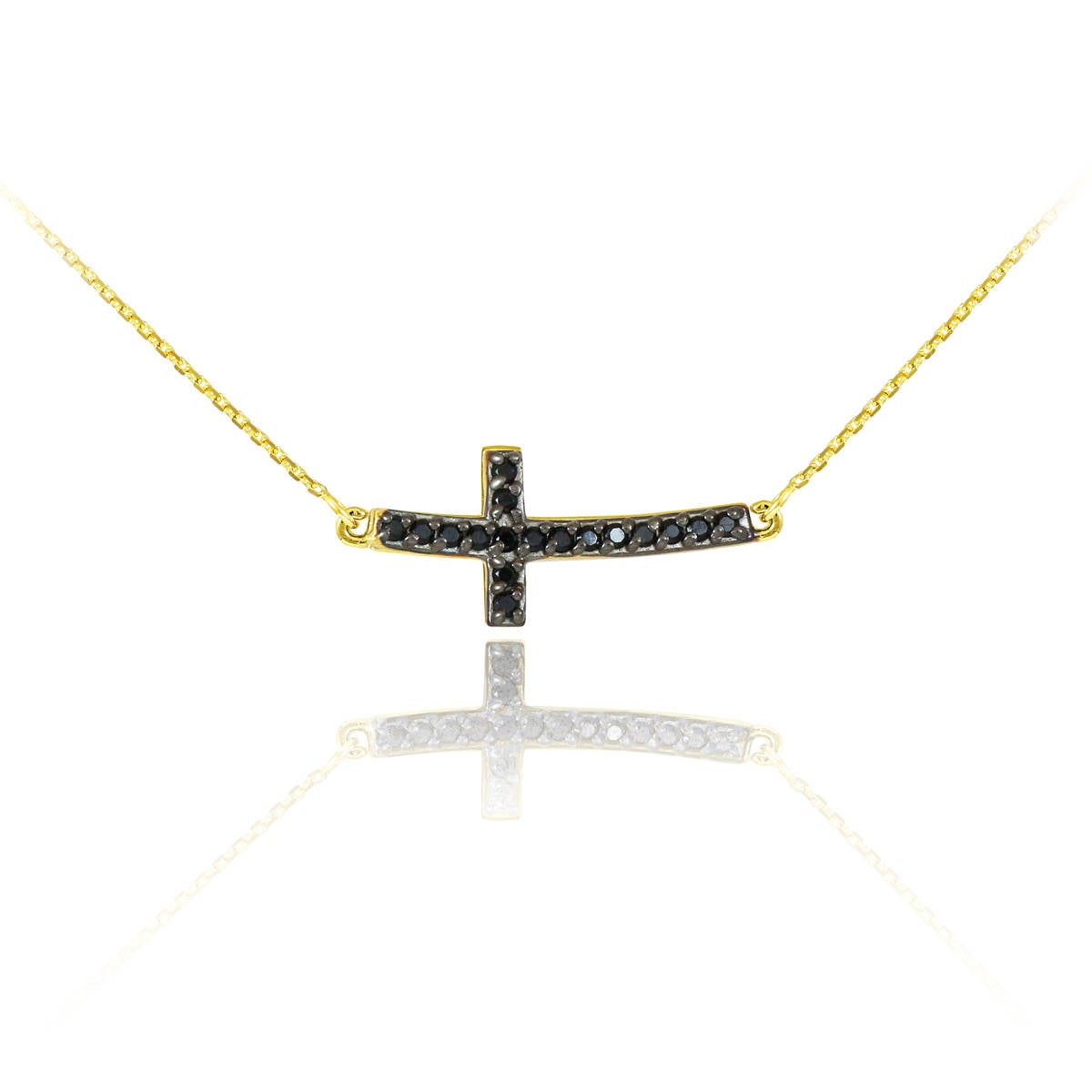 14K Gold Curved Mini Sideways Cross Black Diamond Necklace (yellow, white, rose gold) Karma Blingz