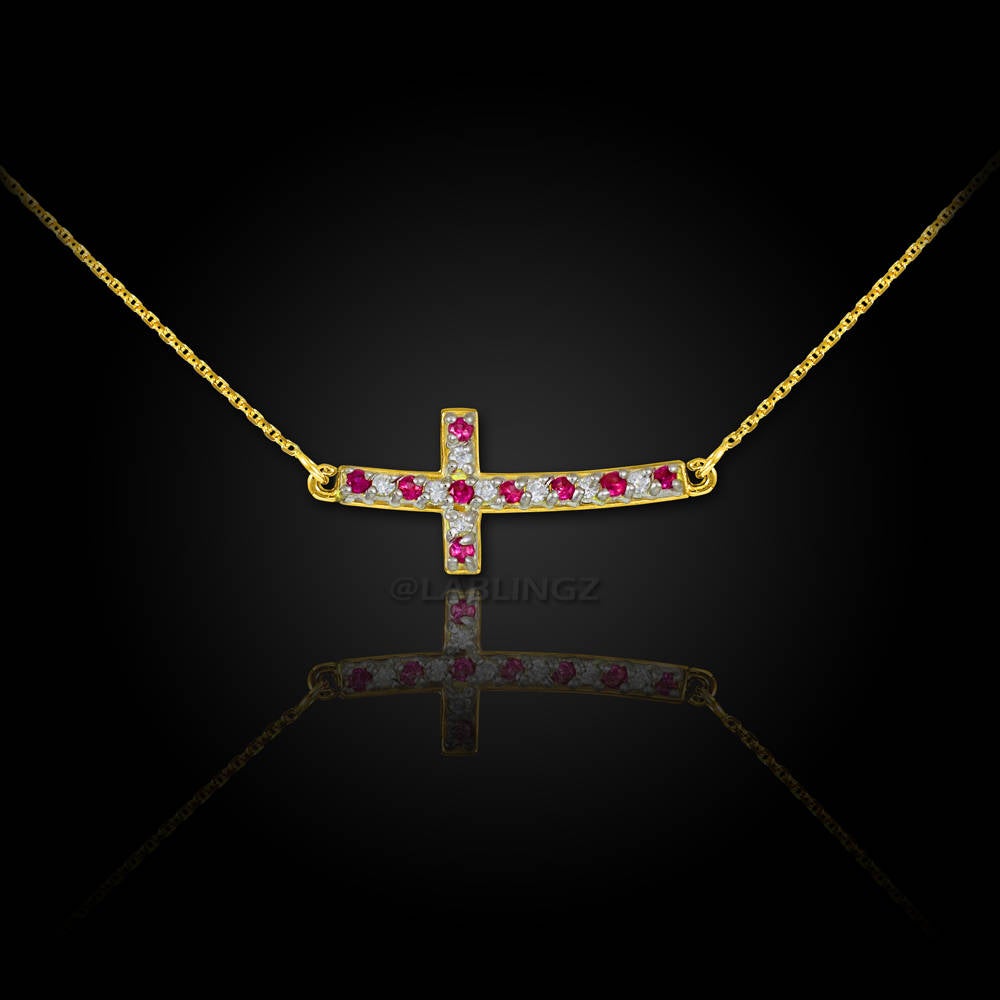 14K Gold Diamond and Ruby Curved Mini Sideways Cross Necklace (yellow, white, rose gold) Karma Blingz