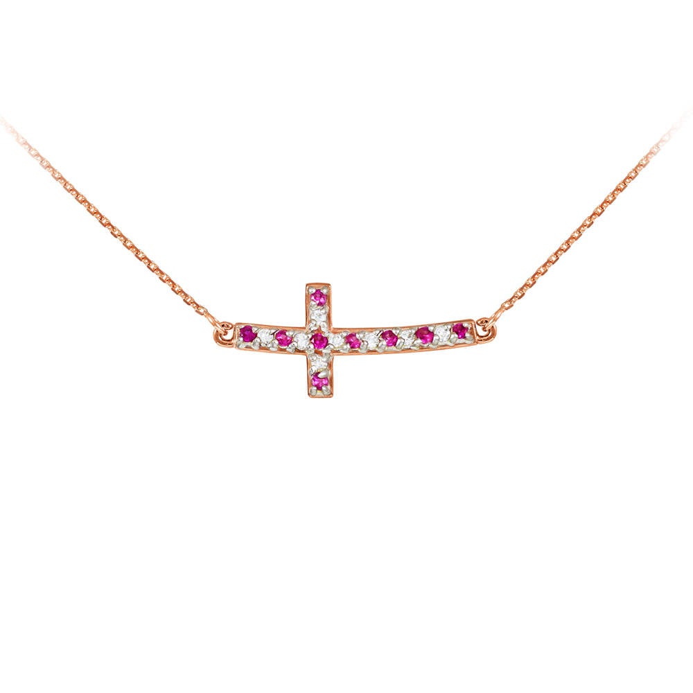 14K Gold Diamond and Ruby Curved Mini Sideways Cross Necklace (yellow, white, rose gold) Karma Blingz