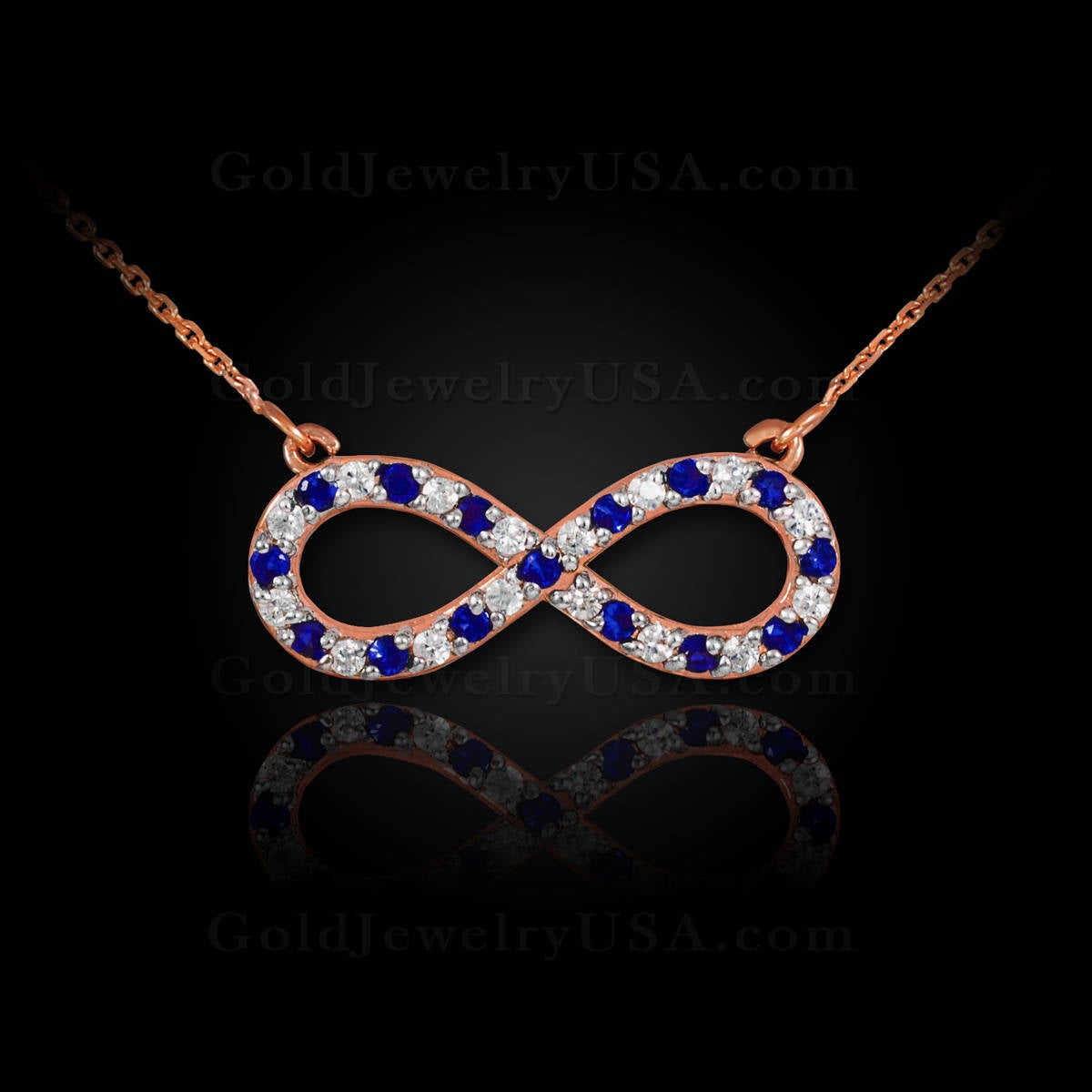 14K Gold Diamond and Sapphire Infinity Necklace (yellow, white, rose gold) Karma Blingz