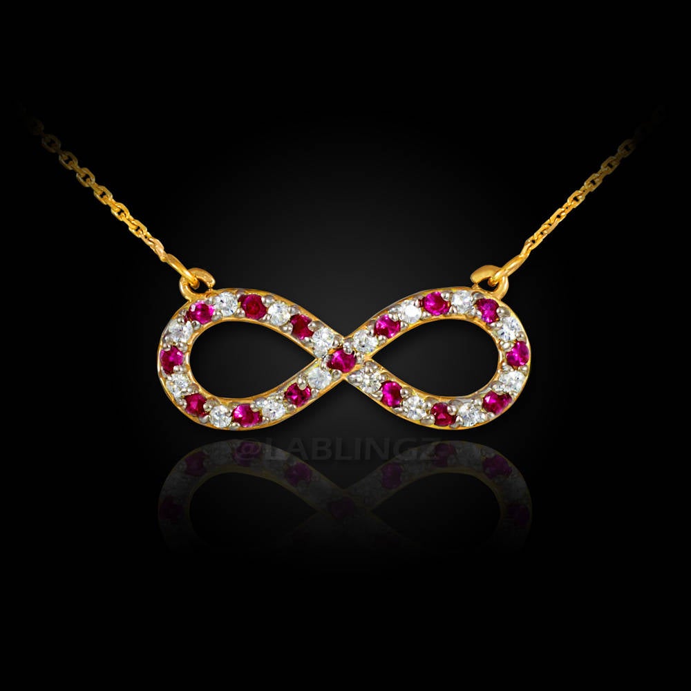 14K Gold Diamond and Ruby Infinity Necklace (yellow, white, rose gold) Karma Blingz