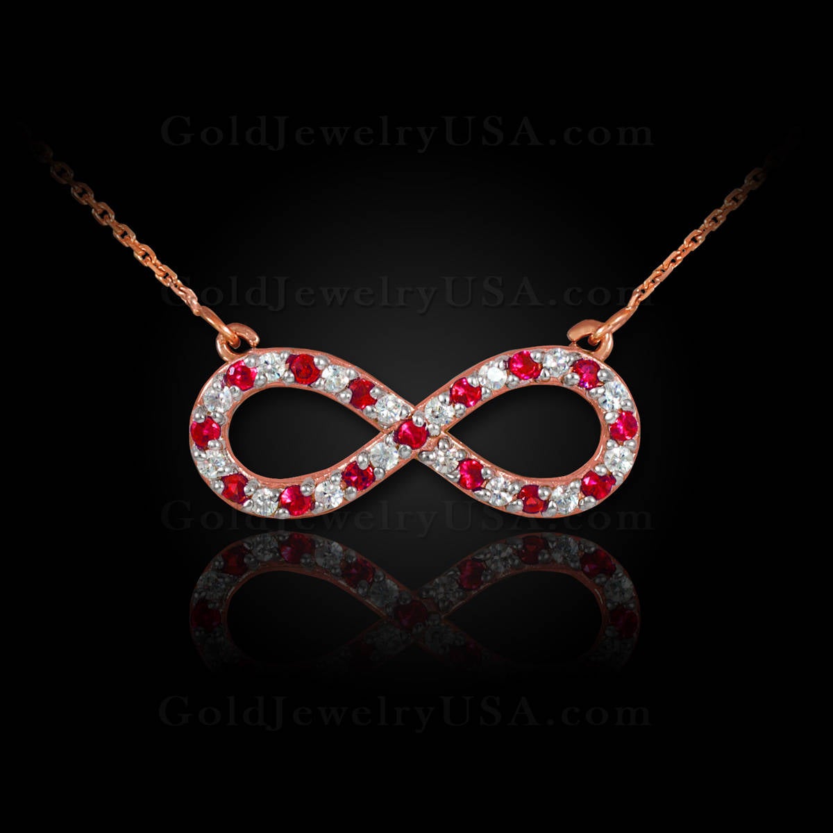 14K Gold Diamond and Ruby Infinity Necklace (yellow, white, rose gold) Karma Blingz