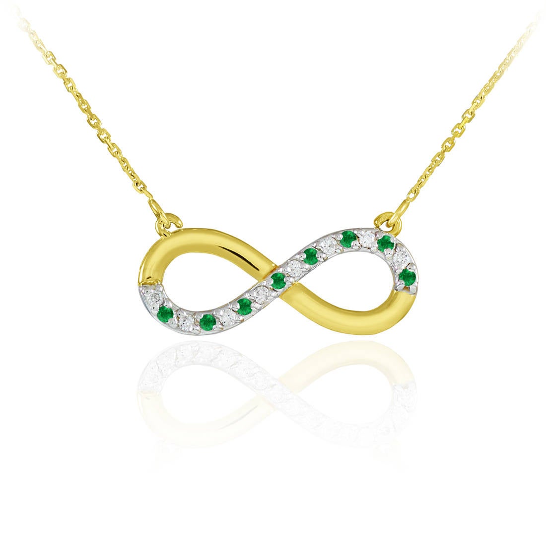 14K Polished Gold Emerald and Diamond Infinity Necklace (yellow, white, rose gold) Karma Blingz