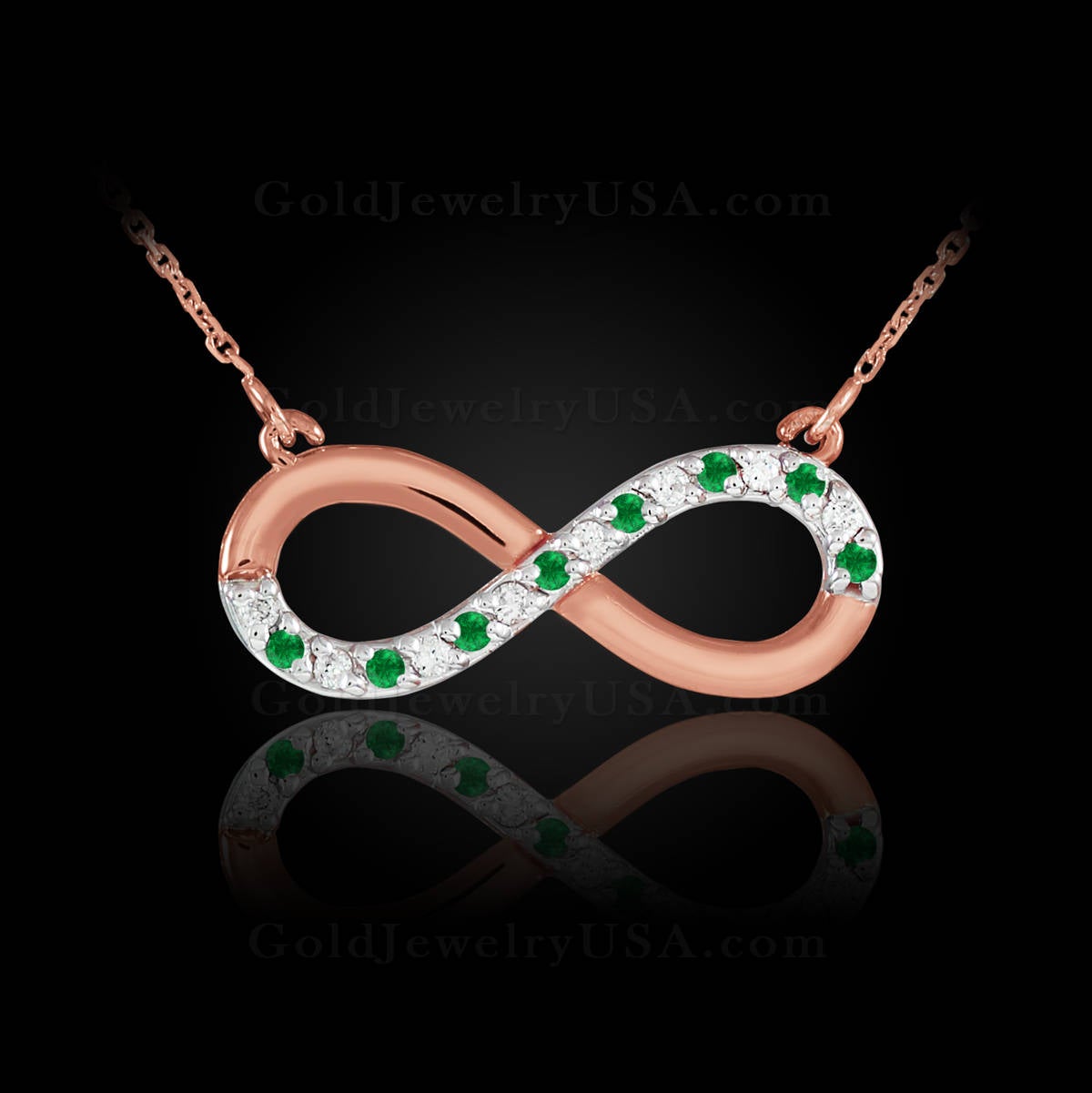 14K Polished Gold Emerald and Diamond Infinity Necklace (yellow, white, rose gold) Karma Blingz