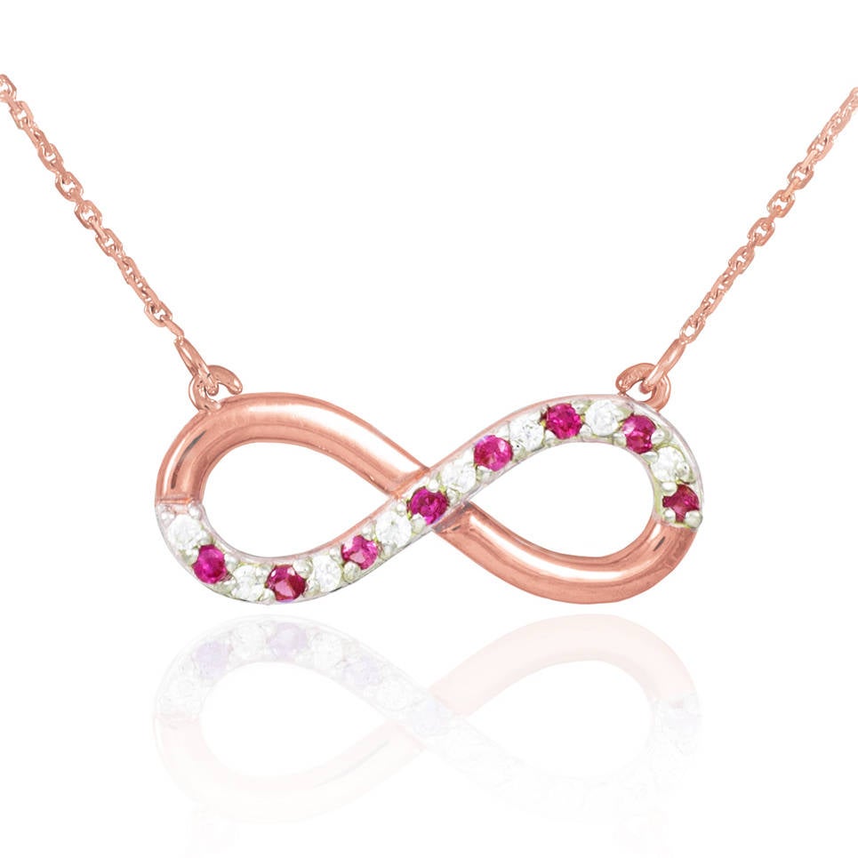 14K Polished Gold Ruby and Diamond Infinity Necklace (yellow, white, rose gold) Karma Blingz