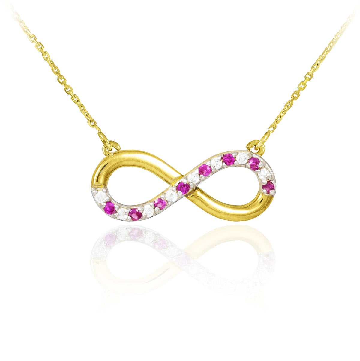 14K Polished Gold Ruby and Diamond Infinity Necklace (yellow, white, rose gold) Karma Blingz