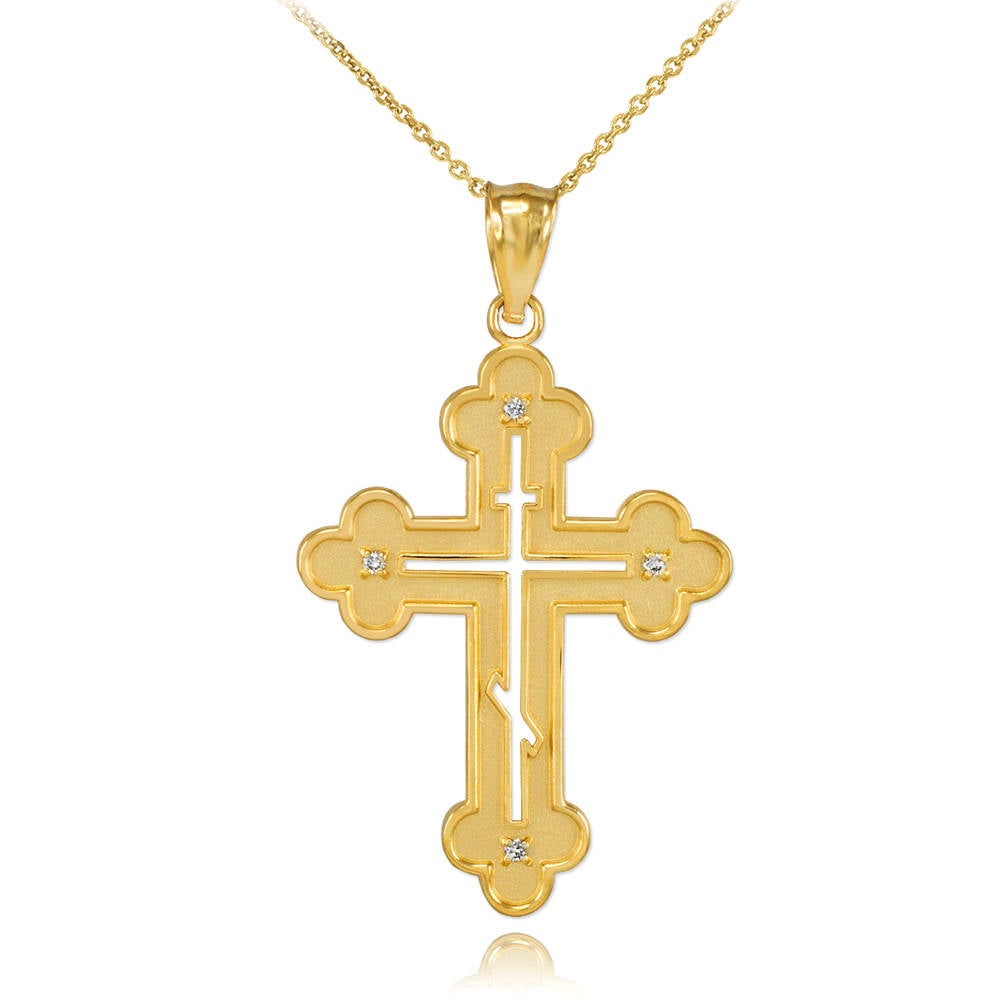 Gold Russian Eastern Orthodox Diamond Cross Pendant Necklace (yellow, white, rose gold) Karma Blingz