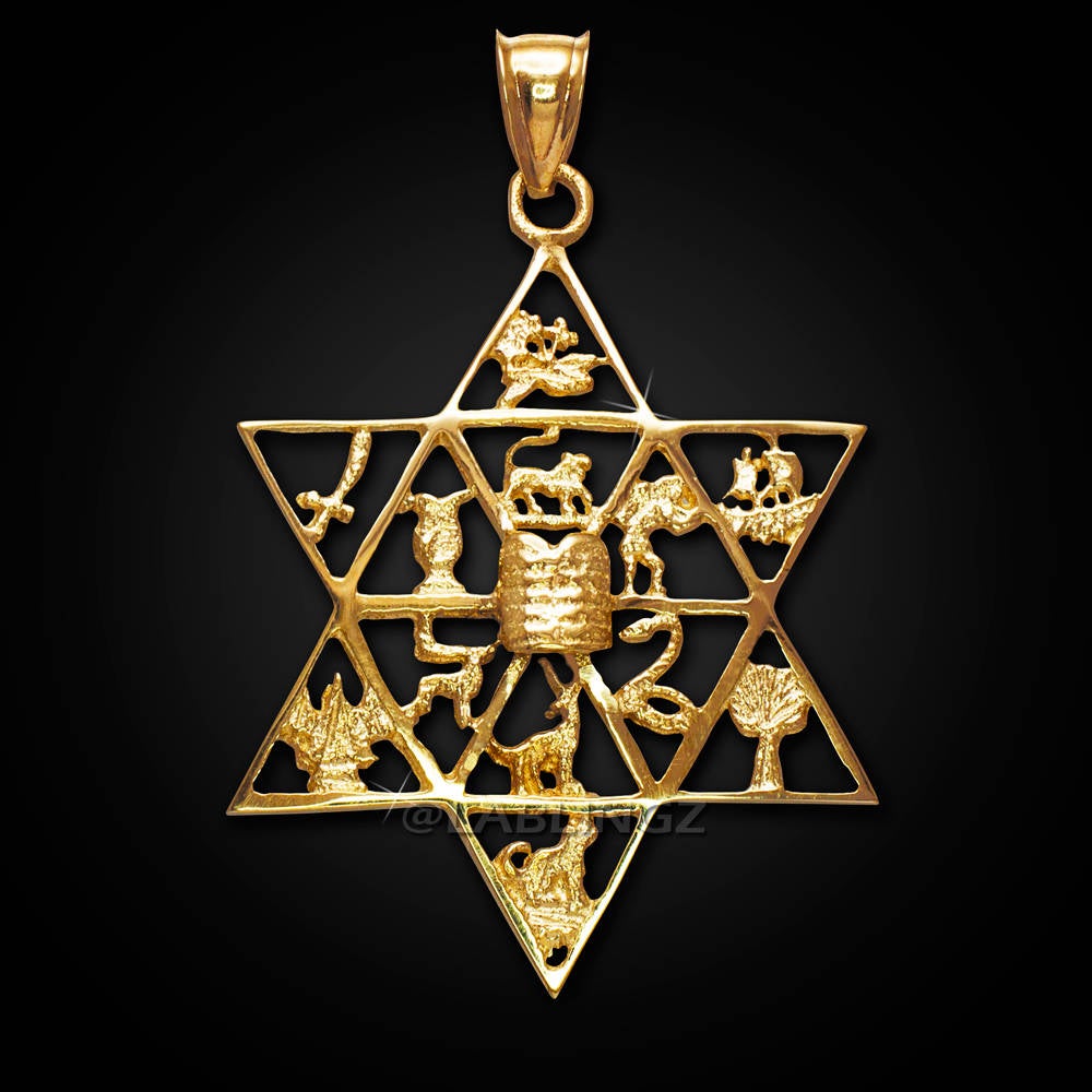 Gold Star of David Twelve 12 Tribes of Israel Jewish Pendant (yellow, white, rose gold, 10k, 14k) Karma Blingz