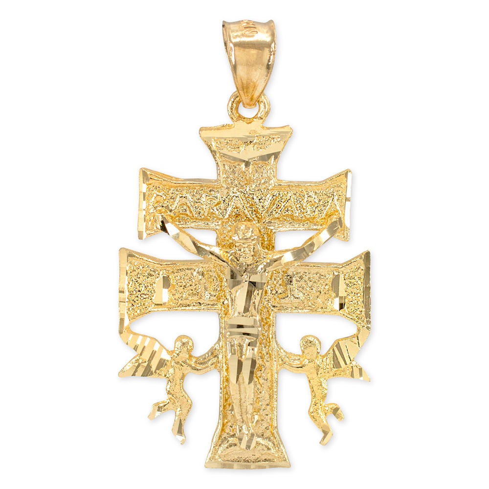 Solid Gold Caravaca Crucifix Double Cross Pendant (yellow, white, rose gold, 10k, 14k) Karma Blingz